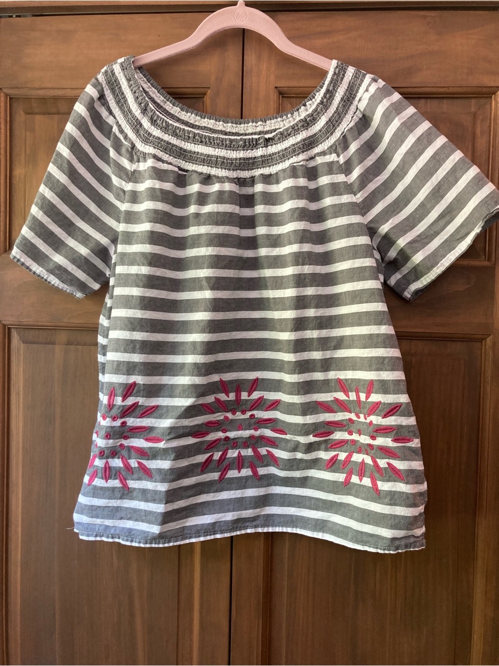 Fever Gray & White Striped Top with Pink Embroidered Flowers Large